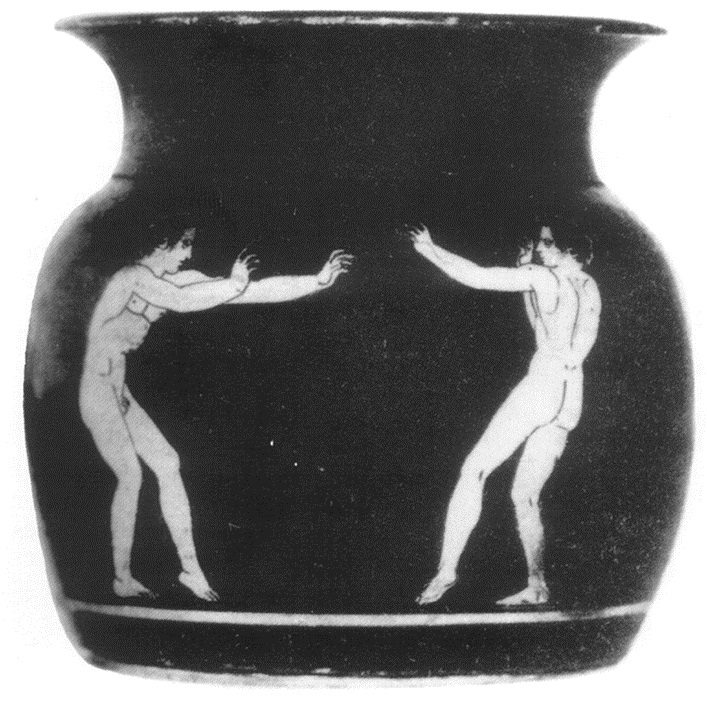 Na tej antični vazi (7.st.p.n.š.) je vidna pankracijski predborilni stav, danes znan kot mačji stav (nekoashi) v japonskem karateju (seveda v kimonih).